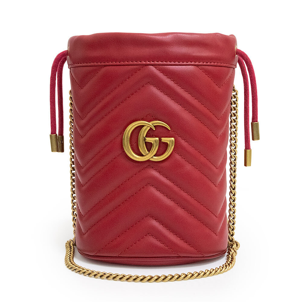 Gucci GG Marmont Bucket Bag Shoulder Chevron Quilted Leather Red